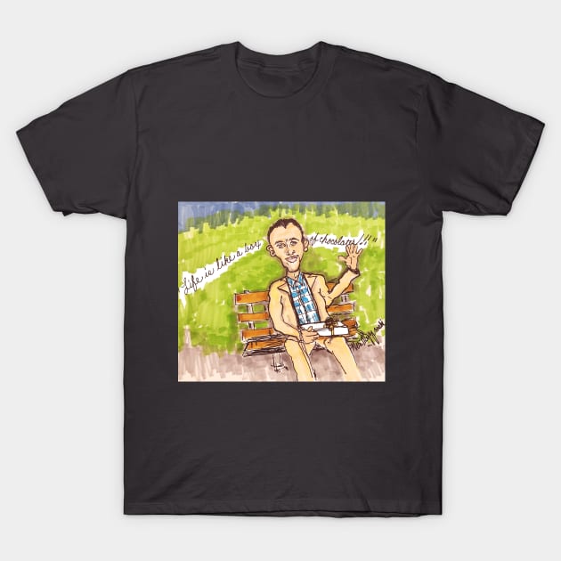 Tom Hanks Forrest Gump Life is Like a box of Chocloate T-Shirt by TheArtQueenOfMichigan 